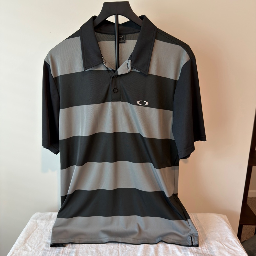 Oakley Mens Short Sleeve Striped Polo Shirt Gray Black Golf Performance Large